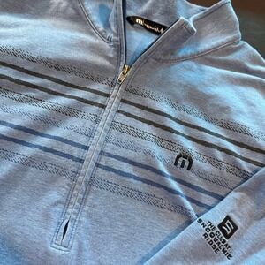 Travis Mathew Light Blue Half-Zip Sweater with Navy & Black Stripes